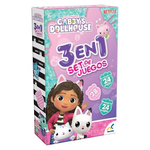 Set Universal Studios De Juegos 3 En 1 Memoria, Dominó y Rompecabezas Gabbys Dollhouse Caja De Carton