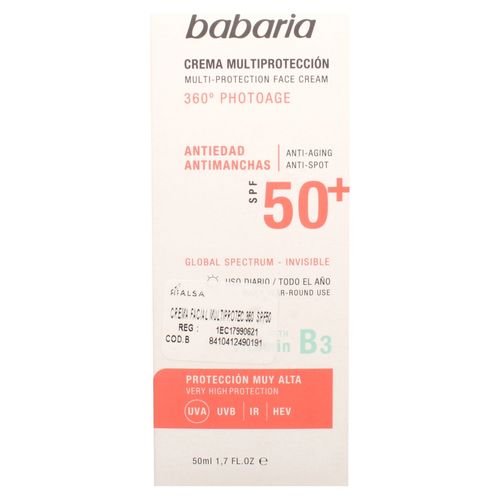 Crema multiprotección Babaria antiedad para uso diario con vitamina B3 y FPS 50 - 50 ml