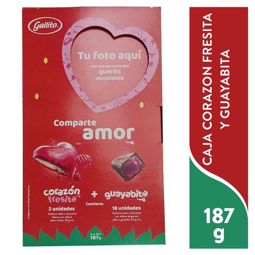 Caja de chocolates Gallito corazon fresita y guayabita pack -187 g