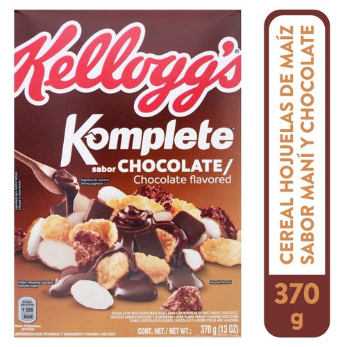 Cereal Kellogg's® Komplete® Sabor Chocolate  - Hojuelas de Maíz Sabor Maní y Sabor Chocolate con Trocitos Sabor Chocolate y Almendras - 1 Caja de 370g