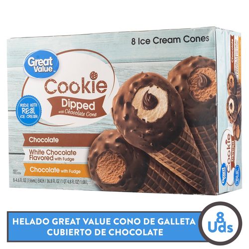 Helado Great Value cono de galleta cubierto de chocolate 8 Uds - 1.08 L