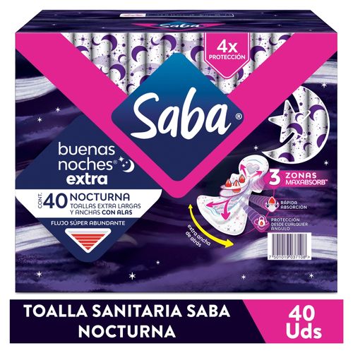 Toallas Femeninas Saba Buenas Noches Extra Flujo Súper Abundante Con Alas - 40 uds