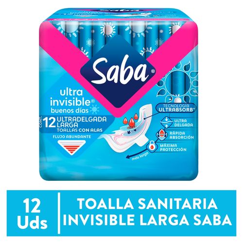 Toallas Femeninas Saba Ultra Invisible Ultradelgada Larga Flujo Abundante Con Alas - 12 Uds