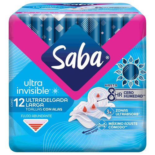 Toallas Femeninas Saba Ultra Invisible Ultradelgada Larga Flujo Abundante Con Alas - 12 Uds