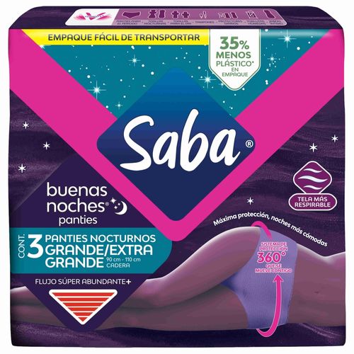 Panties Nocturnos Saba Flujo Súper Abundante + Talla: G/EG - 3Uds