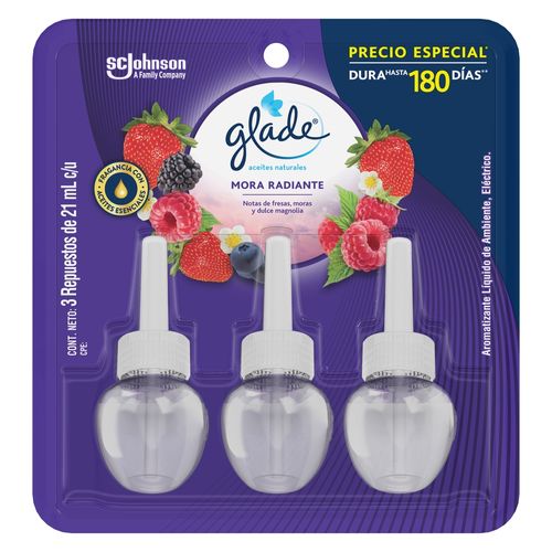 Aromatizante Glade Aceites Naturales 3 repuestos Mora Radiante - 21 ml c/u