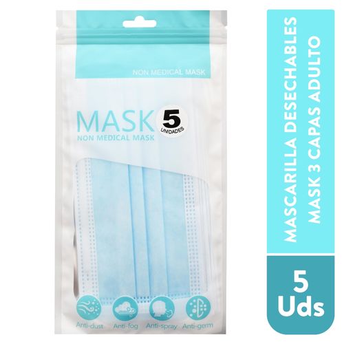 Mascarilla Mask Desechable 3 Capas Adulto 5 unidades