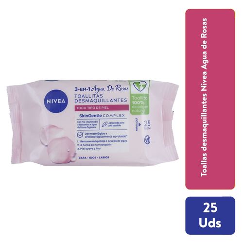 Toallas Desmaquillante Micelares Nivea Agua De Rosas, Cara, Ojos Y Labios - 25Uds