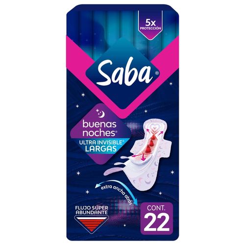 Toallas Femeninas Saba, nocturnas, Ultra Invisible Ultradelgada, Flujo Súper Abundante Con Alas - 22 Uds