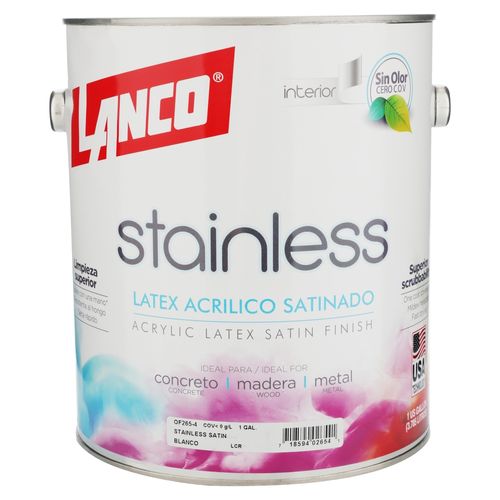 Pintura latex para interior Lanco inoxidable sin olor color satín blanco -Galón