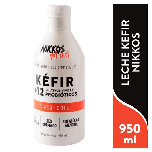 Leche Fermentada Nikkos Con Más De 12 Cultivos Vivos Y Probióticos, Sabor Fresa Y Chía Fruta 100% Natural - 950 ml