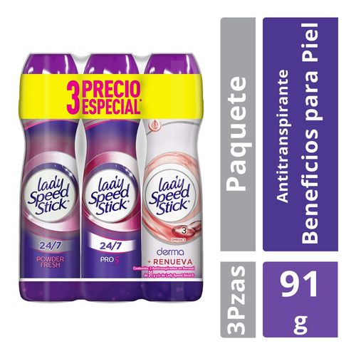 Desodorante antitranspirante Lady Speed Stick derma 3 pack - 91 g