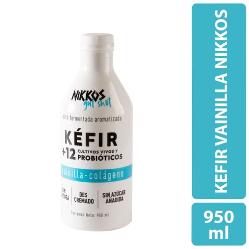 Leche Fermentada Nikkos, Con Más de 12 Cultivos Vivos Y Probióticos, Sabor Vainilla Y Con Colágeno Fruta 100% Natural - 950ml
