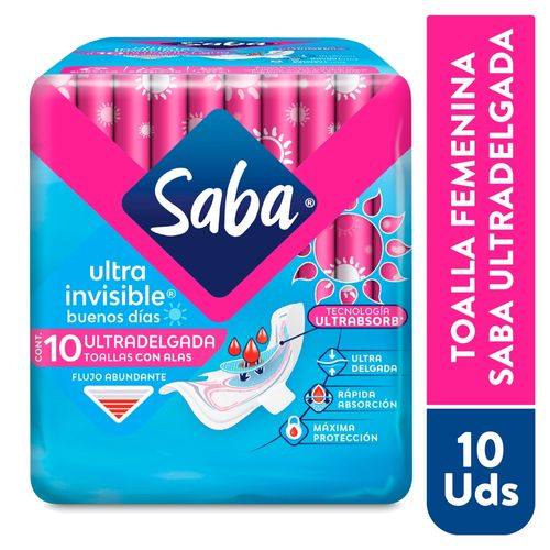 Toallas Femeninas Saba Ultra Invisible Ultradelgada Flujo Abundante Con Alas - 10 uds